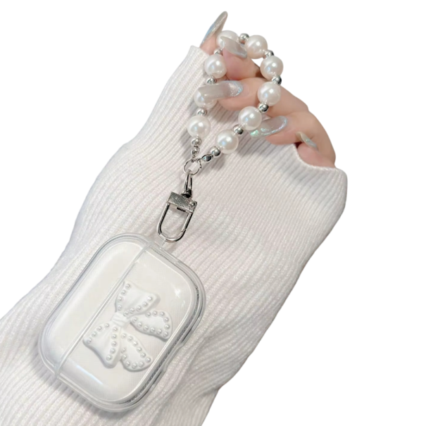 Custodia protettiva esclusiva in cristallo con fiocco e ciondolo per Airpods Pro 3 Custodia elegante per auricolari con protezione contro graffi e urti bianco
