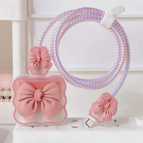 Custodia protettiva in silicone per caricatore Apple 18W/20W con fiocco, set decorativo con protezione contro polvere e danni rosa