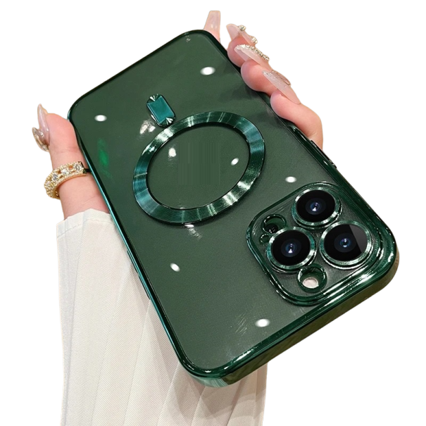 Custodia trasparente con supporto MagSafe e protezione per la fotocamera per iPhone 15 verde