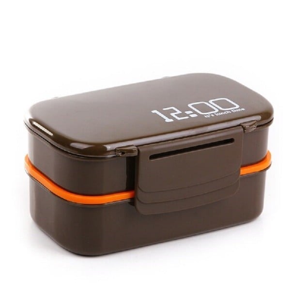 Cutie bento din plastic cu două etaje pentru mâncare cu separatoare Lingură și furculiță incluse Volum 1400 ml Închidere cu clips 20 x 13 x 10 maro