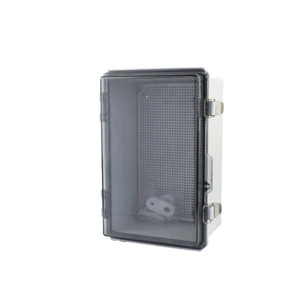 Cutie de distribuție exterioară IP67 din plastic ABS cu capac transparent gri, dimensiuni 29 x 19 x 14 cm, placă de montaj inclusă transparent