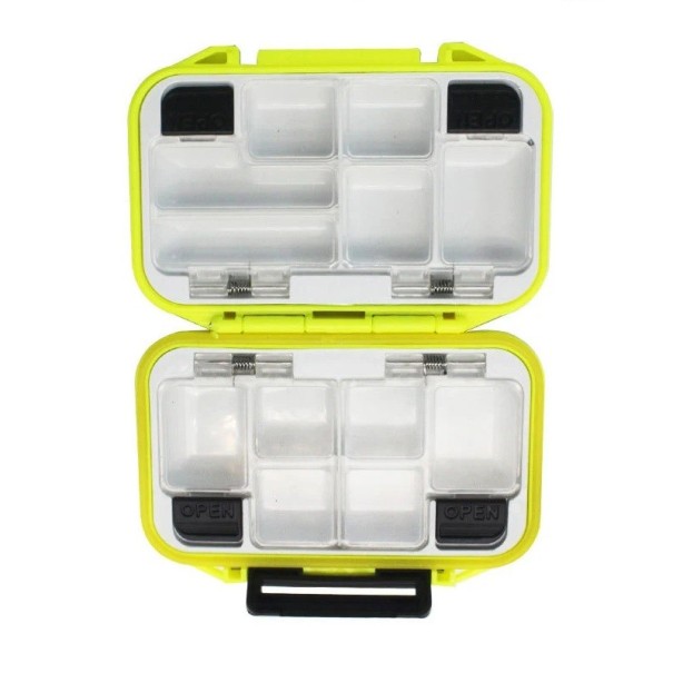Cutie rezistentă la apă pentru articole de pescuit cu deschidere pe două fețe 11,5 x 9 x 3,5 cm Organizator portabil robust pentru cârlige și naluci Cutie durabilă de depozitare pentru accesorii de pescuit galben