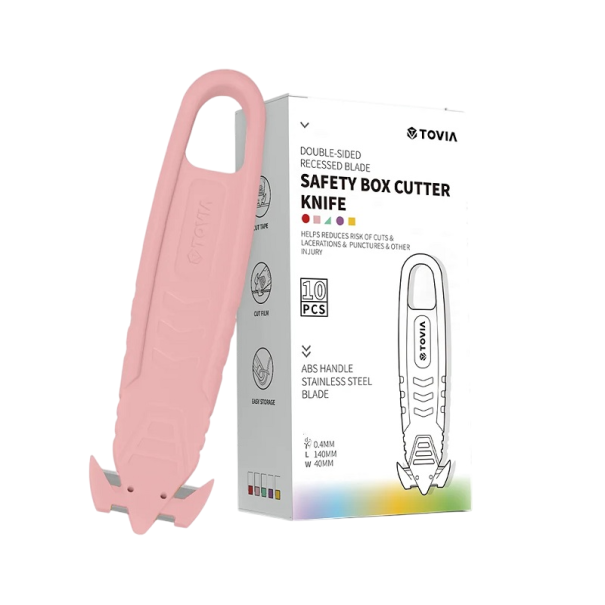 Cuțit cutie de siguranță 10 buc 14 cm Cuțit carton Lamă pliabilă Mâner ergonomic Cuțit de lucru pentru depozite Atelier Gospodărie roz