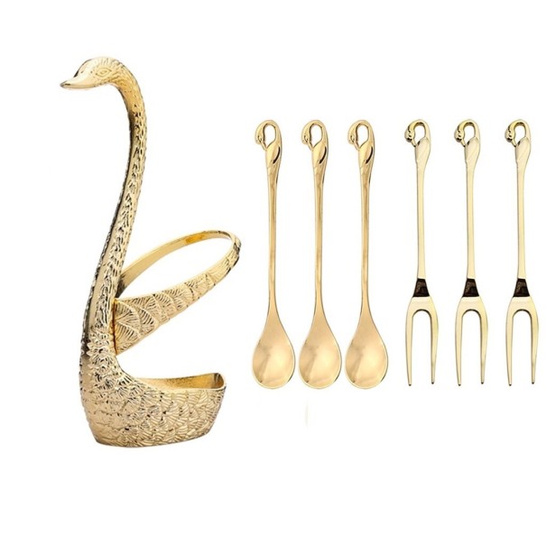 Cutlery Set with Swan-Shaped Stand 7 pcs gold