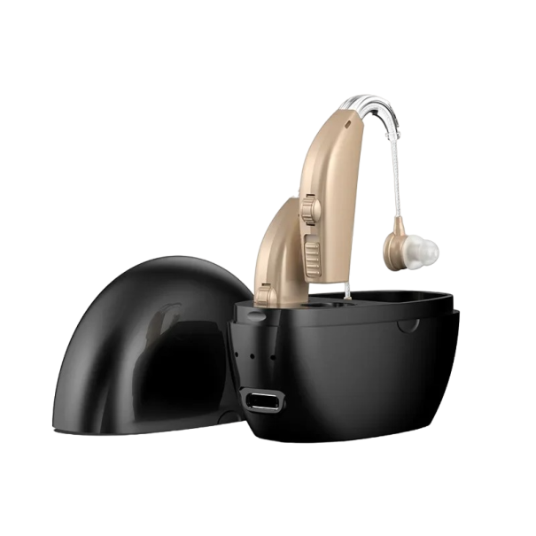 Cyfrowy aparat słuchowy Przenośny wzmacniacz dźwięku Bezprzewodowy aparat słuchowy z czarną obudową i wymiennymi końcówkami Kompaktowy beżowy