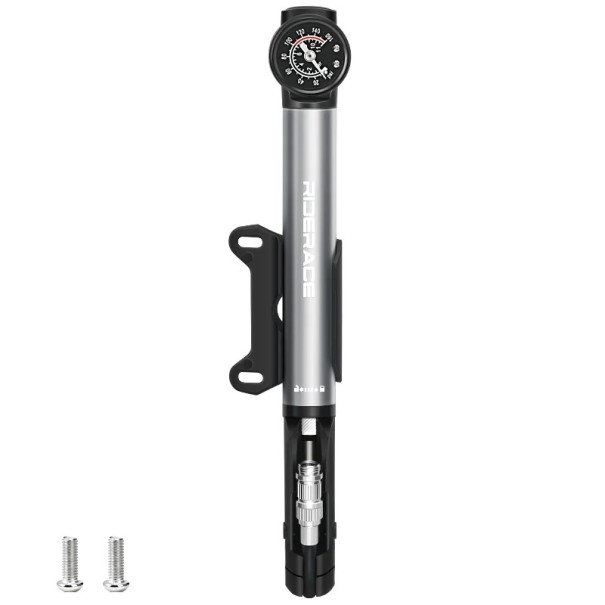 Cykelhandpump med mätare 275 x 37,8 mm bärbar högtrycksdäckpump Presta Schrader AV FV legeringskropp för cykel grå