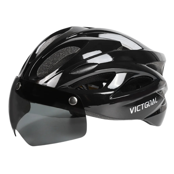 Cykelhjelm med aftagelige magnetiske UV400-solbriller. Bagblinkende LED-lys. 18 ventilationshuller. Ultralet. Hovedomkreds 57-61 cm. sort