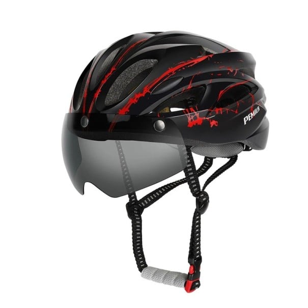 Cyklistická helma PEMILA s magnetickými brýlemi a odnímatelným hledím nastavitelný obvod 58-61 cm in-mold skořepina s EPS pěnou unisex červená