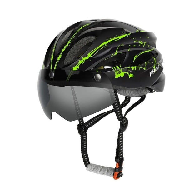 Cyklistická helma PEMILA s magnetickými brýlemi a odnímatelným hledím nastavitelný obvod 58-61 cm in-mold skořepina s EPS pěnou unisex zelená