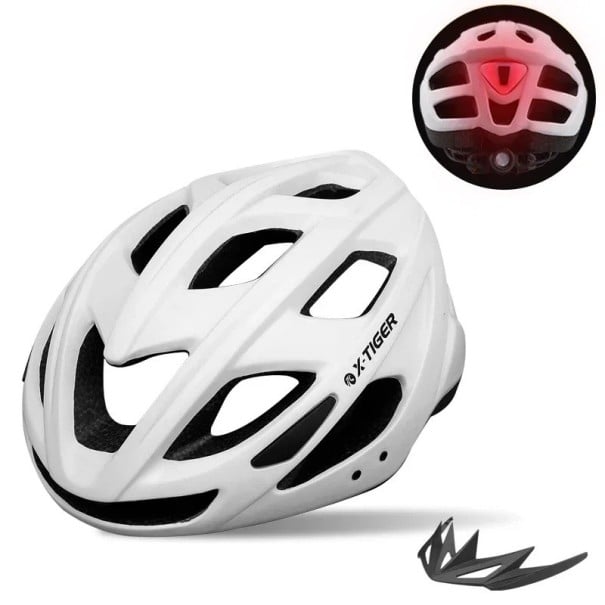 Cyklistická prodyšná helma na kolo X-TIGER s LED zadním světlem a USB nabíjením nastavitelný obvod 58-62 cm skořepina PC s EPS pěnou unisex bílá
