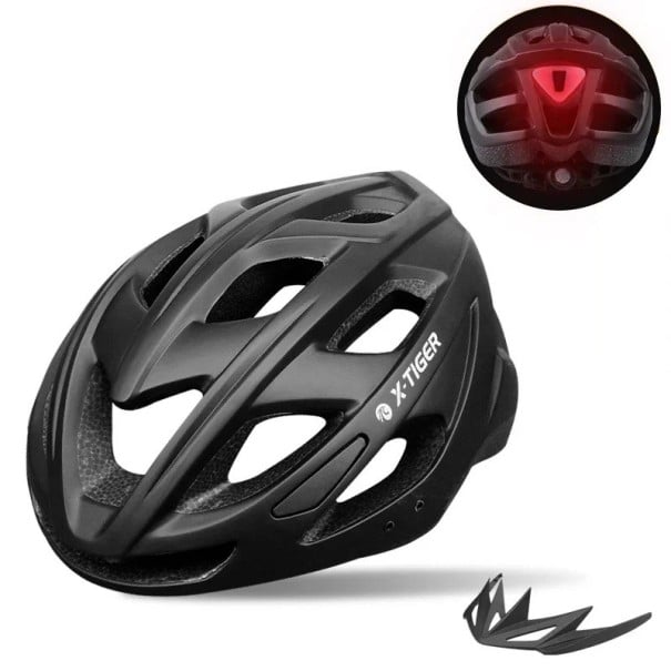 Cyklistická prodyšná helma na kolo X-TIGER s LED zadním světlem a USB nabíjením nastavitelný obvod 58-62 cm skořepina PC s EPS pěnou unisex černá