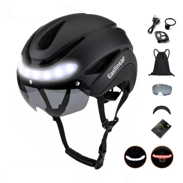 Cyklistická silniční helma Eastinear HT-16 s LED světly magnetickými brýlemi a sluneční clonou velikost L 57-62 cm skořepina PC s EPS pěnou černá