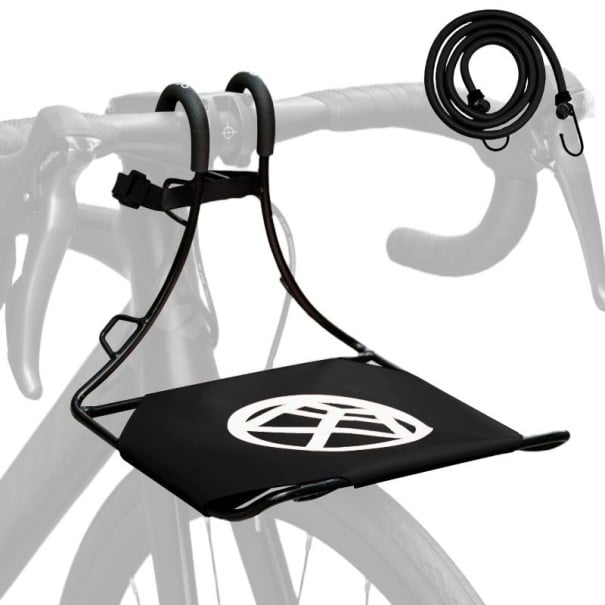 Cyklistický nosič na řídítka s plošinou na zavazadla nosnost 10 kg rozměry 20 x 24 x 22 cm kovový rám pro horské kolo s pružným popruhem černá