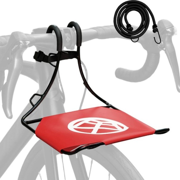 Cyklistický nosič na řídítka s plošinou na zavazadla nosnost 10 kg rozměry 20 x 24 x 22 cm kovový rám pro horské kolo s pružným popruhem červená