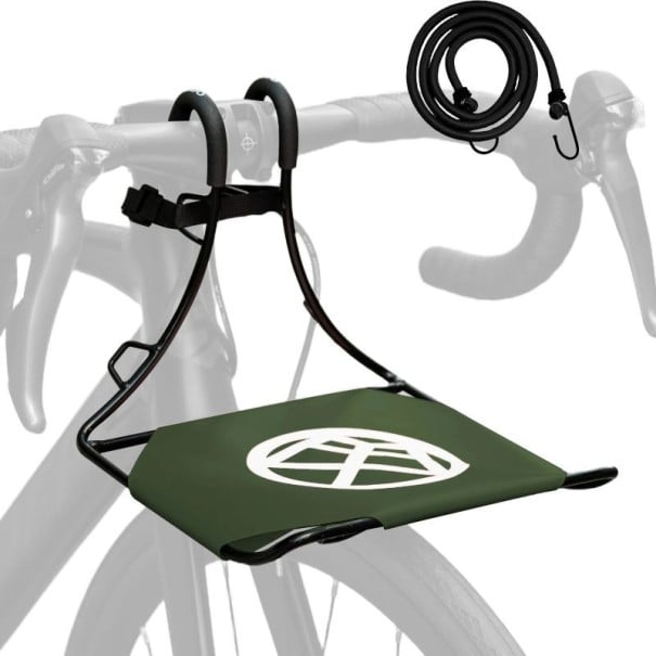 Cyklistický nosič na řídítka s plošinou na zavazadla nosnost 10 kg rozměry 20 x 24 x 22 cm kovový rám pro horské kolo s pružným popruhem zelená