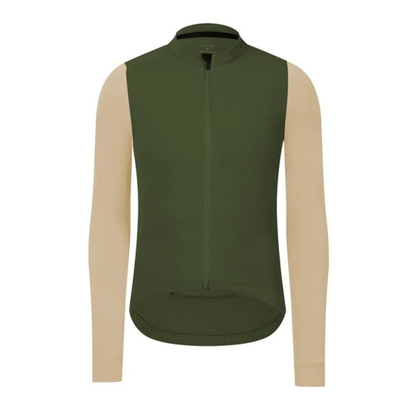 Cyklistický športový dres s dlhým rukávom na zips pre chladnejšie obdobie, so 3 zadnými a 1 bočnou kapsou, zeleno-béžový unisex M
