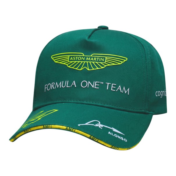 Czapka Aston Martin Formula One z logo i podpisem Alonso, regulowana w zielonym kolorze z żółtym wykończeniem daszka dla fanów F1 unisex 1