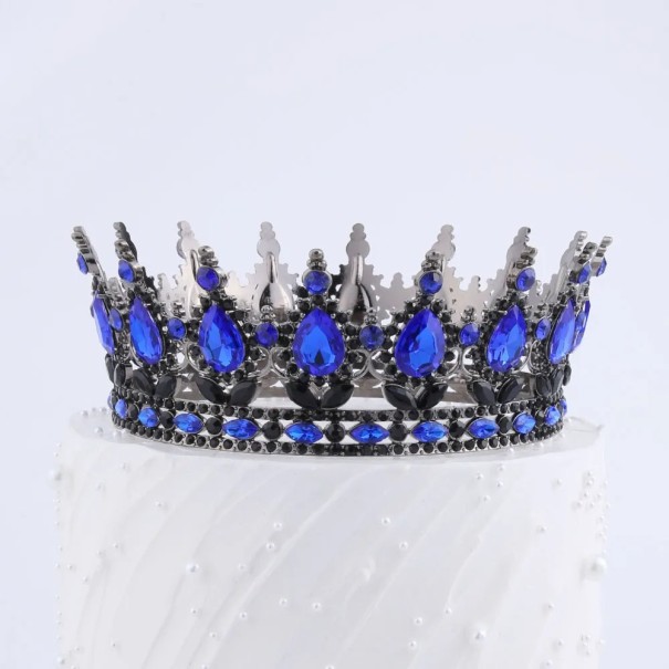 Czarna korona na tort 12,5 x 5,3 cm Kolorowe kamienie Elegancka dekoracja tortu Urodziny Motyw księżniczki niebieski