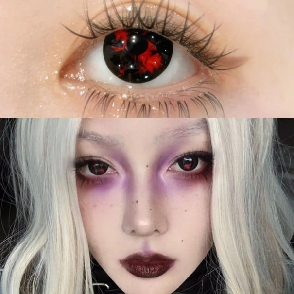 Czarne kolorowe soczewki kontaktowe z czerwonym efektem pękniętych żyłek miękkie hydrożelowe design cosplay średnica 14.5 mm 6-miesięczne 1