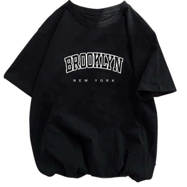 Czarny damski Koszulka z krótkim rękawem z nadrukiem Brooklyn New York Luźny, miejski styl Miękki bawełniany materiał Wygodny, okrągły koszulka XS