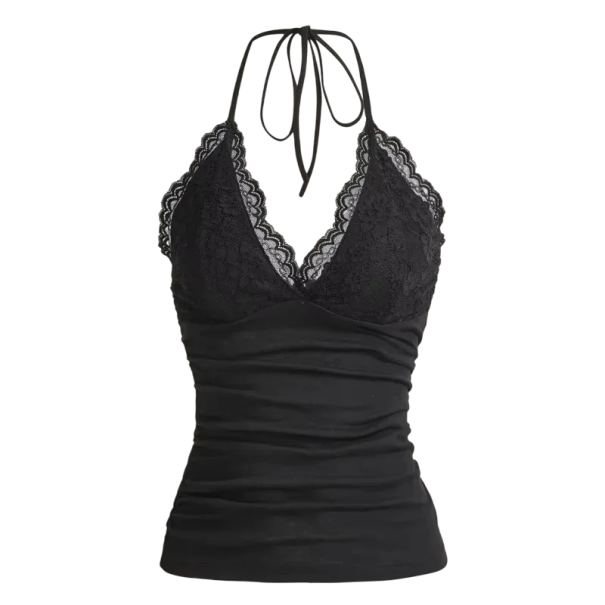 Czarny koronkowy top damski typu halter Seksowny top z dekoltem w serek Elegancki koronkowy top na ramiączkach Obcisły top na lato i imprezy M