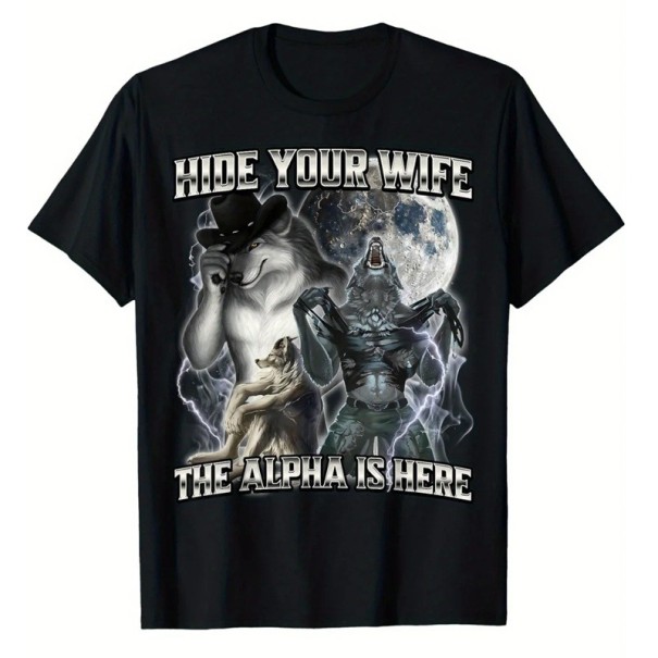Czarny męski koszulka z nadrukiem wilka i napisem Hide Your Wife The Alpha Is Here Zabawny koszulka z motywem pełni księżyca Bawełniany koszulka dla miłośników wilków XS