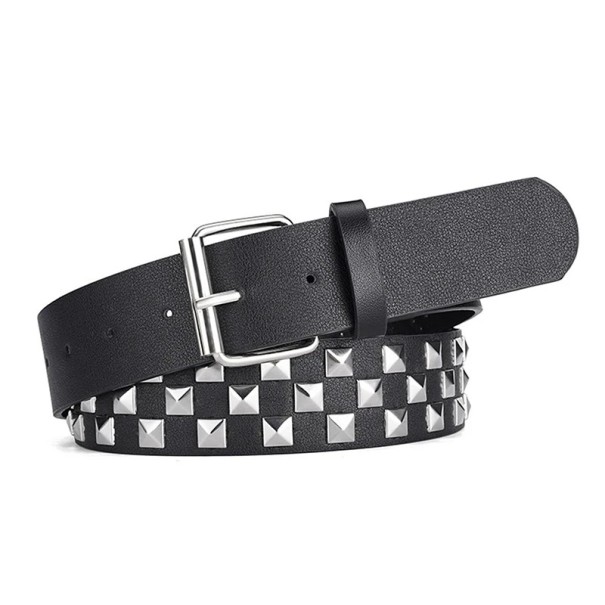 Czarny pasek ze skóry PU 107 x 3,8 cm Kolorowe nity w szachownicę Elegancki pasek typu rock unisex z metalową klamrą Idealny do jeansów srebrny