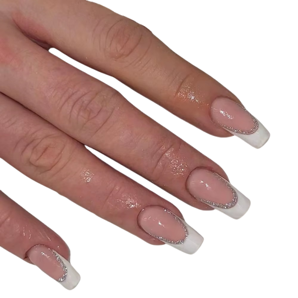 Czysta zestaw 24 sztuki sztucznych paznokci kształt Coffin Średnia długość Akrylowa francuska manicure Naklejane tipsy na ręce 1