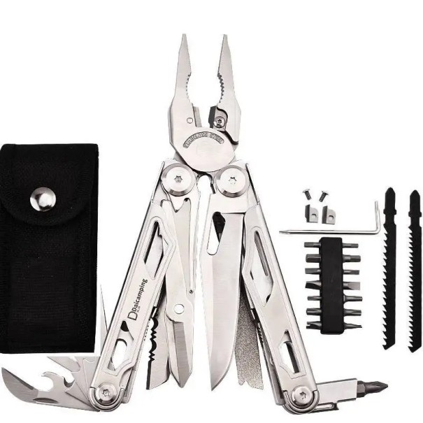 Daicamping DL30 Multifunktionswerkzeug aus rostfreiem Stahl Zangen Klappmesser Scheren Säge Schraubendreher EDC Überlebensset mit Tasche silbern