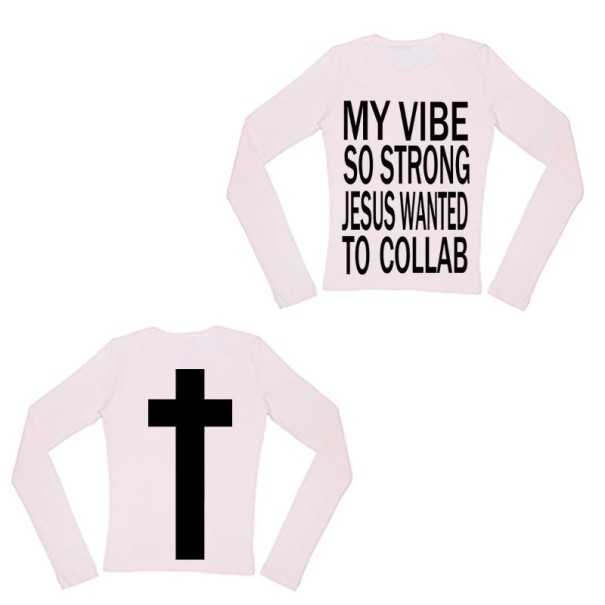 Dam långärmad T-shirt Rund hals Streetwear med kristet motiv, kors på ryggen och tryck på framsidan Original stil rosa L