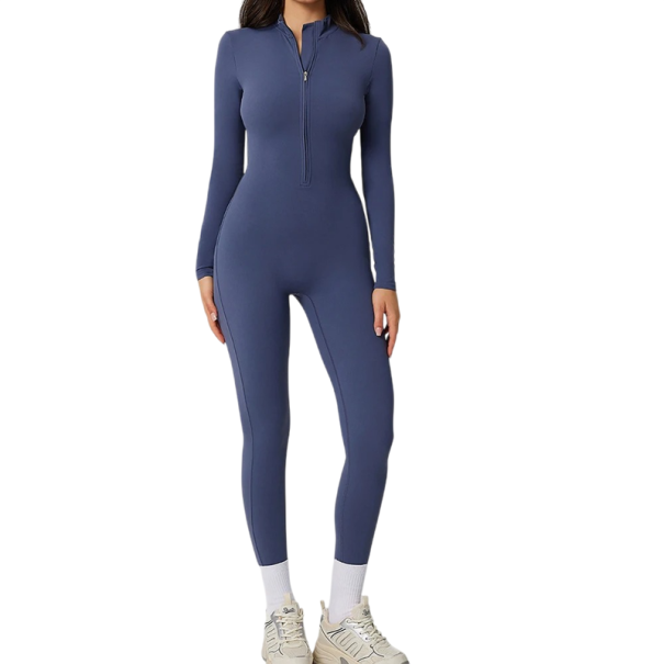 Dam sportoverall Lång ärm och leggings Med dragkedja i halsen Enfärgad fitnessoverall av nylon och spandex mörkblå M