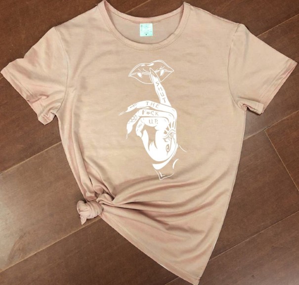 Dam T-shirt med handmotiv beige XL