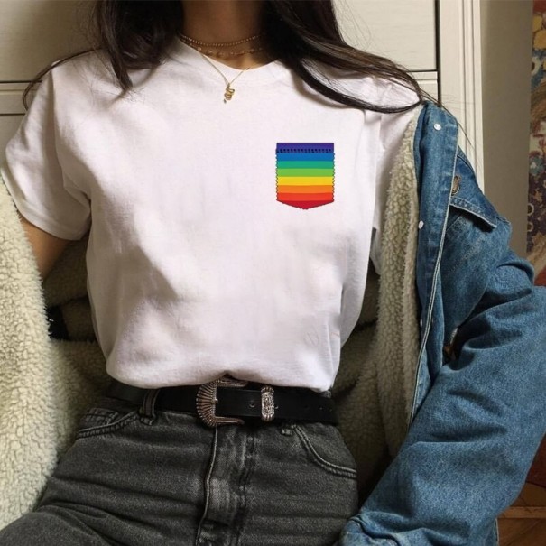 Dam T-shirt med regnbågsficka vit L