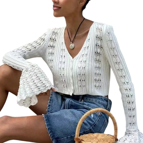 Dam Virkad långärmad T-shirt Elegant Andningsbar Button-Down Tröja Lätt Sommartopp Vintage Romantisk Stil vit S