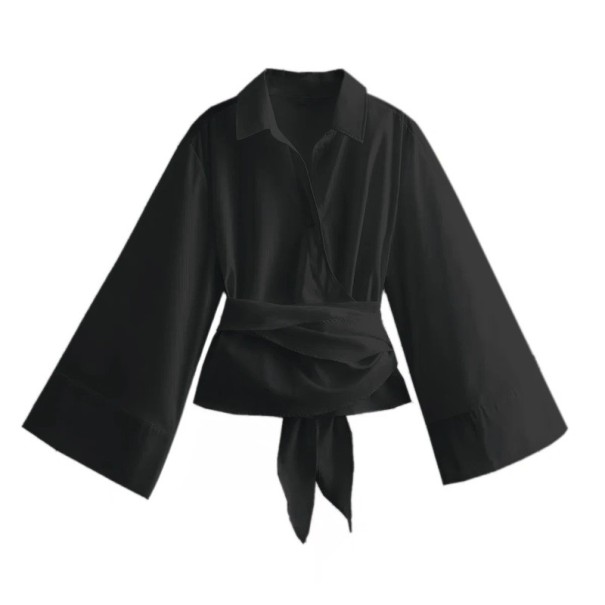 Damblus med långa ärmar och vida manschetter Omlottskuren Självknytande skärp Elegant topp för både vardag och formell stil svart M