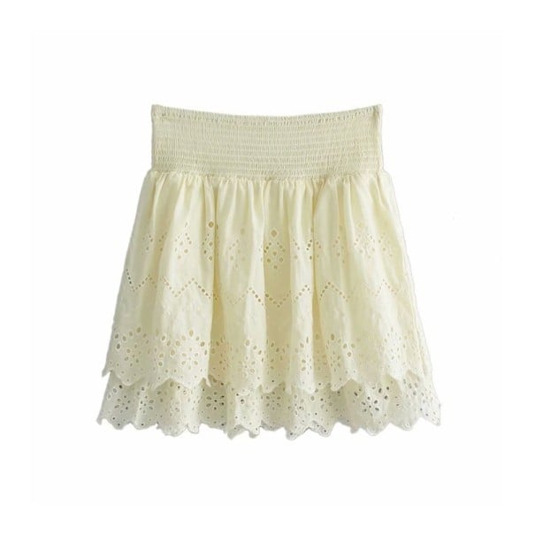 Dame beige mini nederdel med hulbroderi Elastisk rynket talje Dobbelt lag flæse med tandet kant Polyester M