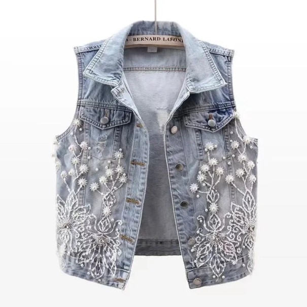 Dame blå denim vest med krave og dekorative elementer Stilfuld vest i bomuld og polyester Knaplukning Moderne denim look XS