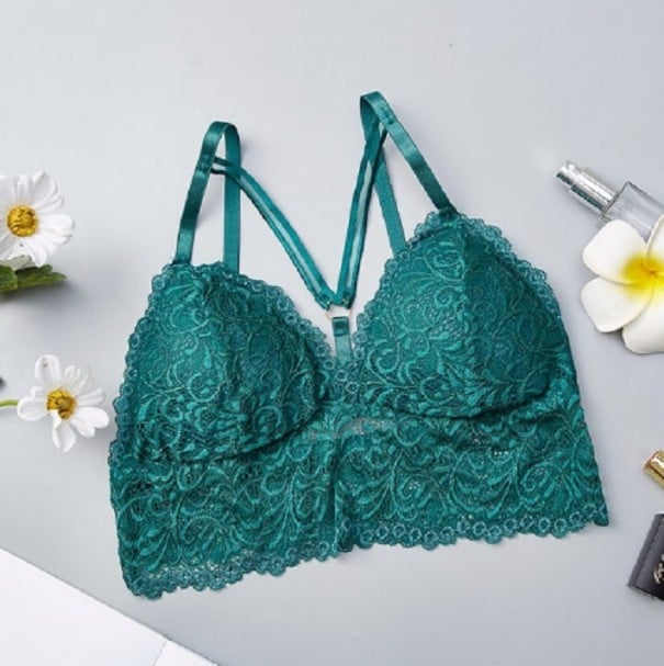 Dame bralette bh med forlænget blondeliv Dekorative snore i midten af brystet Justerbare stropper Bomuld med elastan grøn