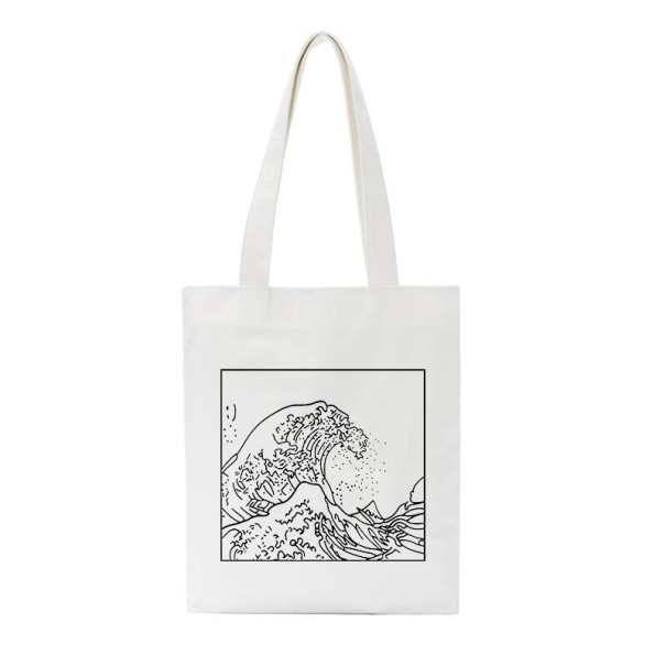 Dame canvas skuldertaske med illustration af havbølge Hvid indkøbstaske i canvas med 30 cm lange håndtag Mål 35 x 40 cm 2