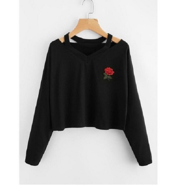 Dame crop top med blomster J2851 sort S