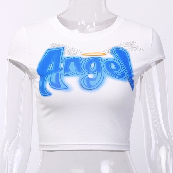 Dame crop top med en engelprint hvid M