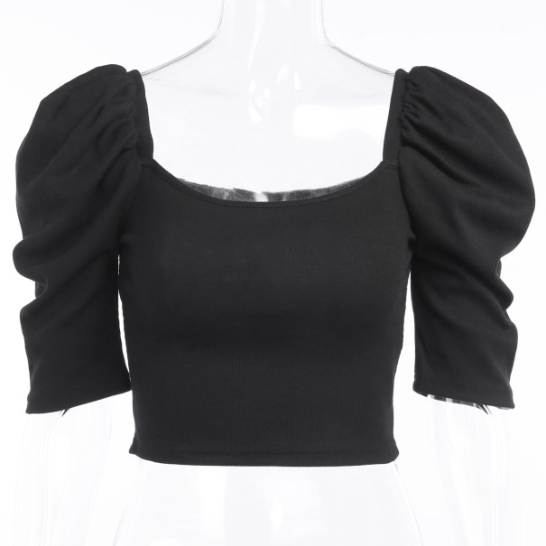 Dame crop top med rynkede skuldre A1043 sort XS