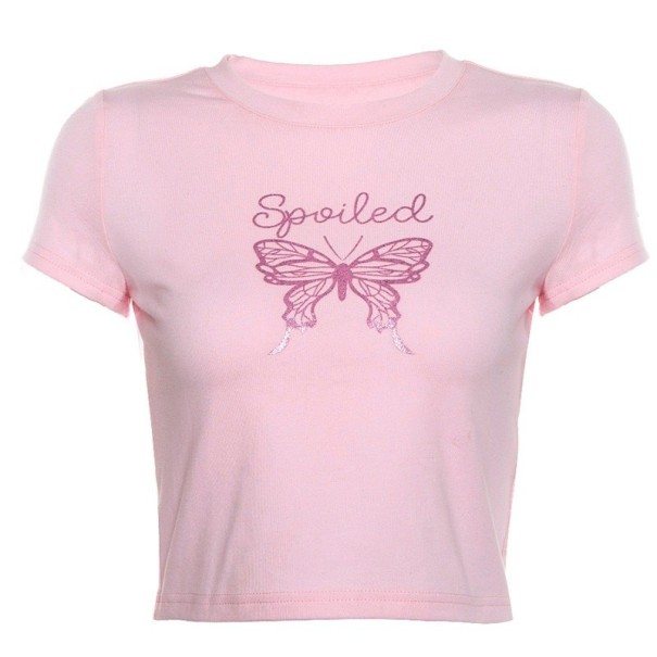 Dame crop top med sommerfugl XS