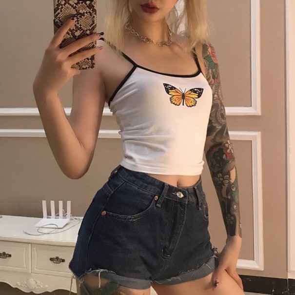 Dame crop top med sommerfugleprint hvid S