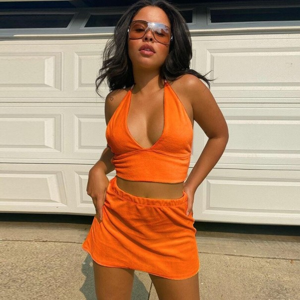 Dame crop top og nederdel B1228 orange L