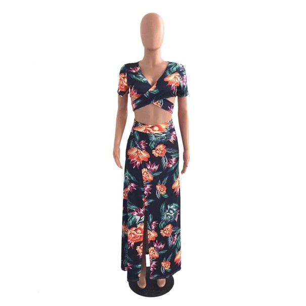 Dame crop top og nederdel med blomsterprint B1236 orange XS