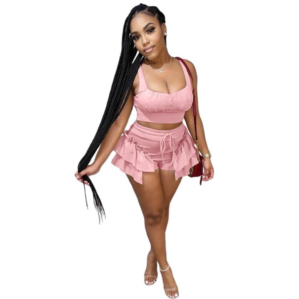 Dame crop top og shorts B1071 rosa L