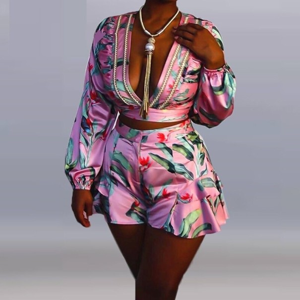Dame crop top og shorts med blomsterprint B1239 L