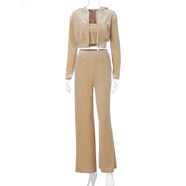 Dame crop top, sweatshirt og bukser beige XS