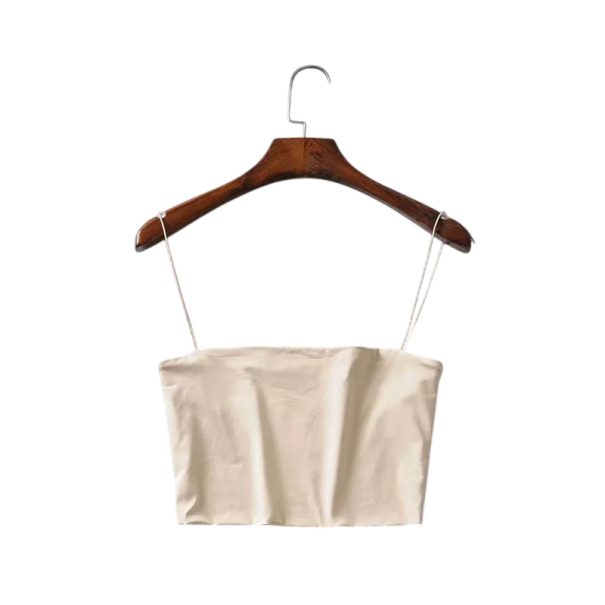 Dame crop top Tynde stropper Rund hals Enfarvet kort top af polyester og spandex Elastisk sommer top beige M